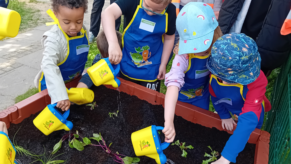 Mehrere Kinder stehen neben einander vor einem Hochbeet, in dem kleine grüne Stecklinge aus der Erde schauen. Sie gießen die Pflanzen mit kleinen gelb-blauen Gießkannen.